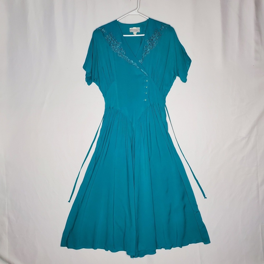 ED MICHAELS Teal Embroidered Basque Wasit Midi Dress 9 10 Cottoagecore Vtg